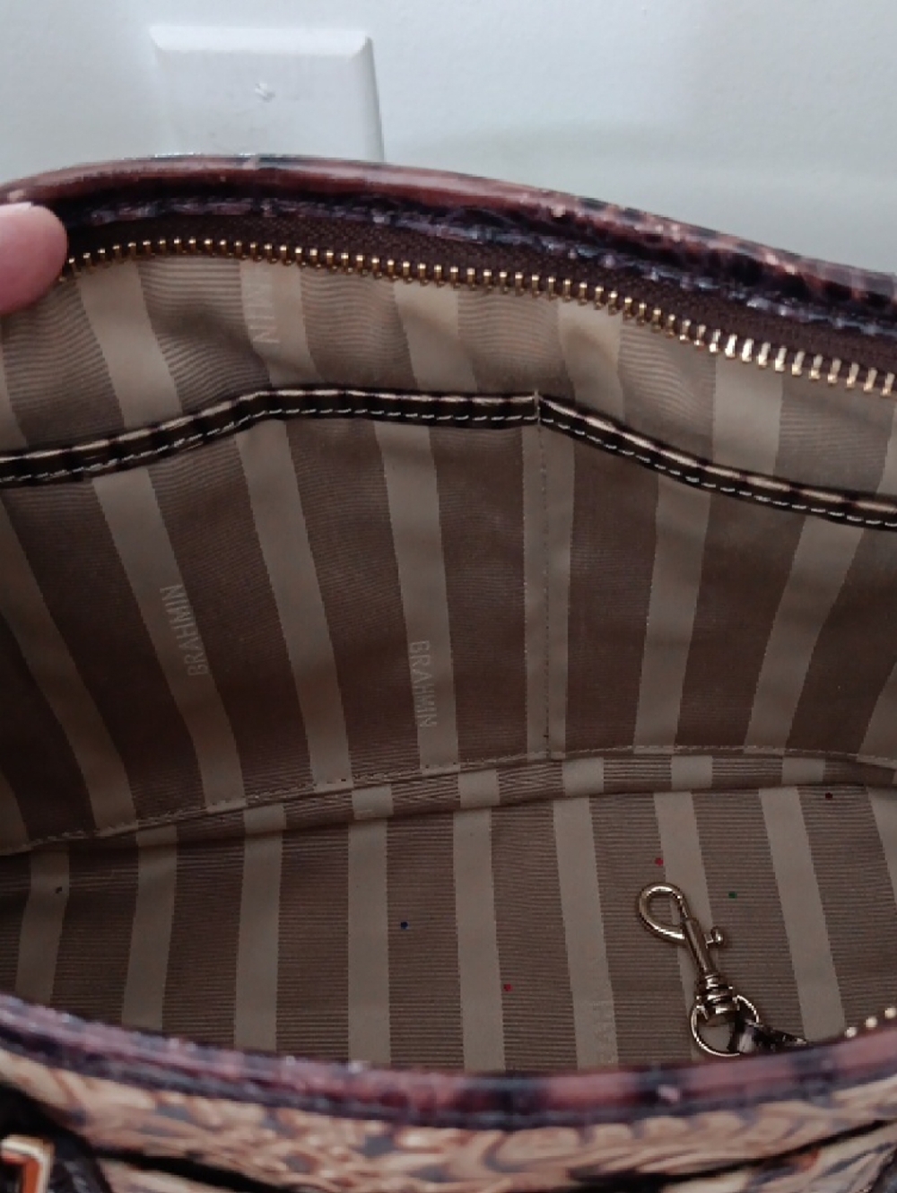 Brahmin Embossed Floral Satchel in Brown and Tan - Picture 10 of 14